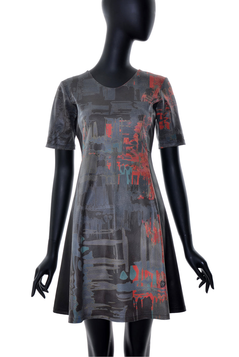 Robe Évasée Texture Cuir Manches 3/4