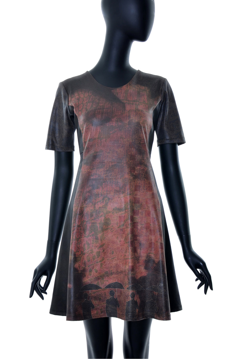 Robe Évasée Texture Cuir Manches 3/4